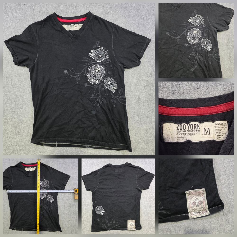 Zoo York Shirt Mens Medium Black V‎ Neck Skull Graphic Skateboard Tee Streetwear